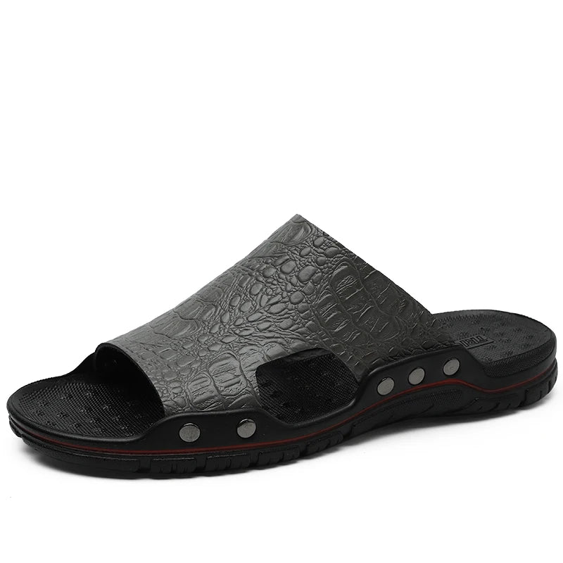 Fashion New Men's Crocodile Embossed Leather Slippers Casual Sandals For Men Summer Open Toe Beach Garden Shoes Flip Flops