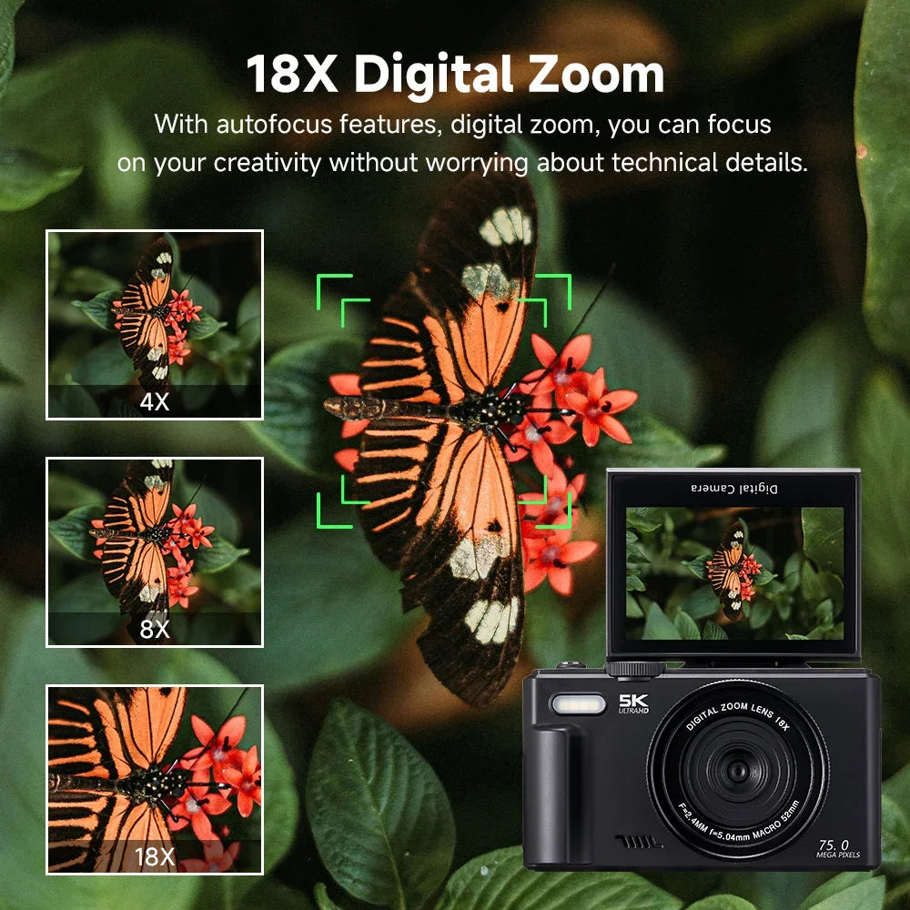 Appareil Photo 5K 75MP DIXSG – WiFi, Écran Rabattable 3", Zoom 18x, Flash, Webcam & Vlogging