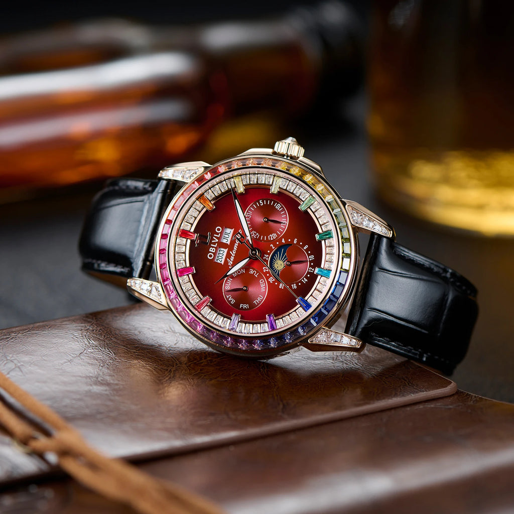 Montre Automatique Phase de Lune | Zircon Multicolore Bracelet Cuir – CLEVI Paris