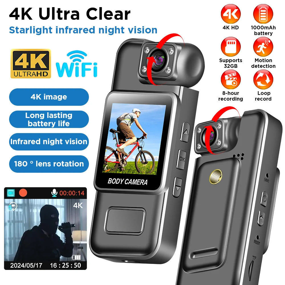 Mini Caméra Corporelle 4K WiFi – Vision Nocturne IR, 8H, Clip Dorsal, Détection Mouvement