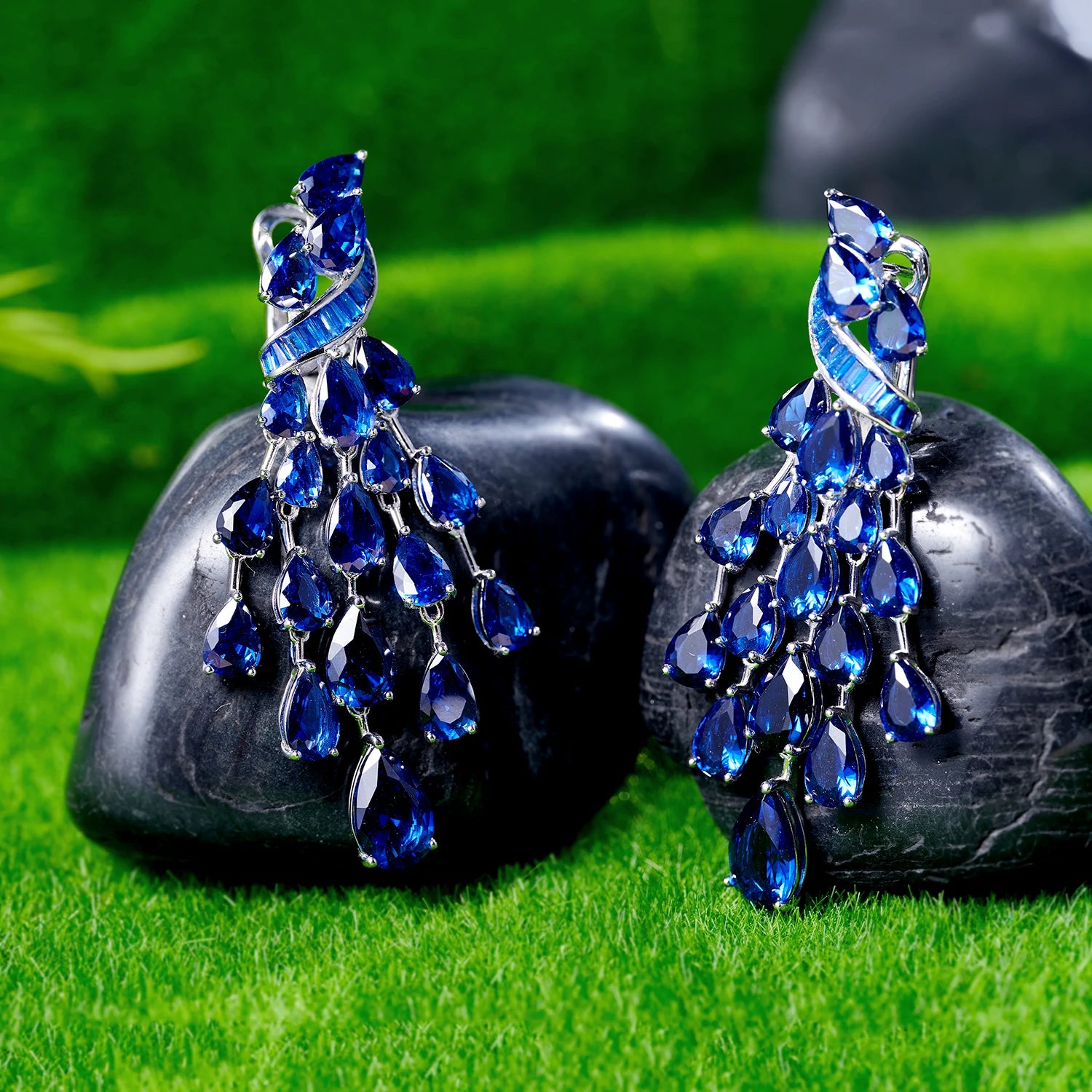 Boucles d'Oreilles Pendantes Saphir Lab | Diamant Haute Carbone Argent 925 Mariage – CLEVI Paris