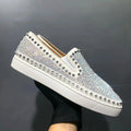 Sneakers Luxe Homme Cuir Véritable Blanc Rivets Argentés & Diamants Semelle Rouge – CLEVI Paris