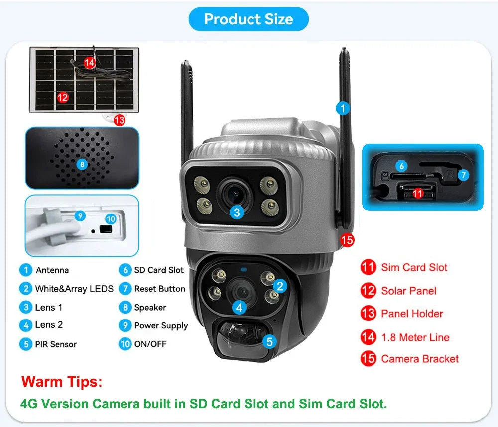 Caméra Solaire 4G V380 Pro 8MP Double Objectif PTZ 350° SIM Incluse PIR Suivi IA Vision Nocturne IP66 – CLEVI Paris