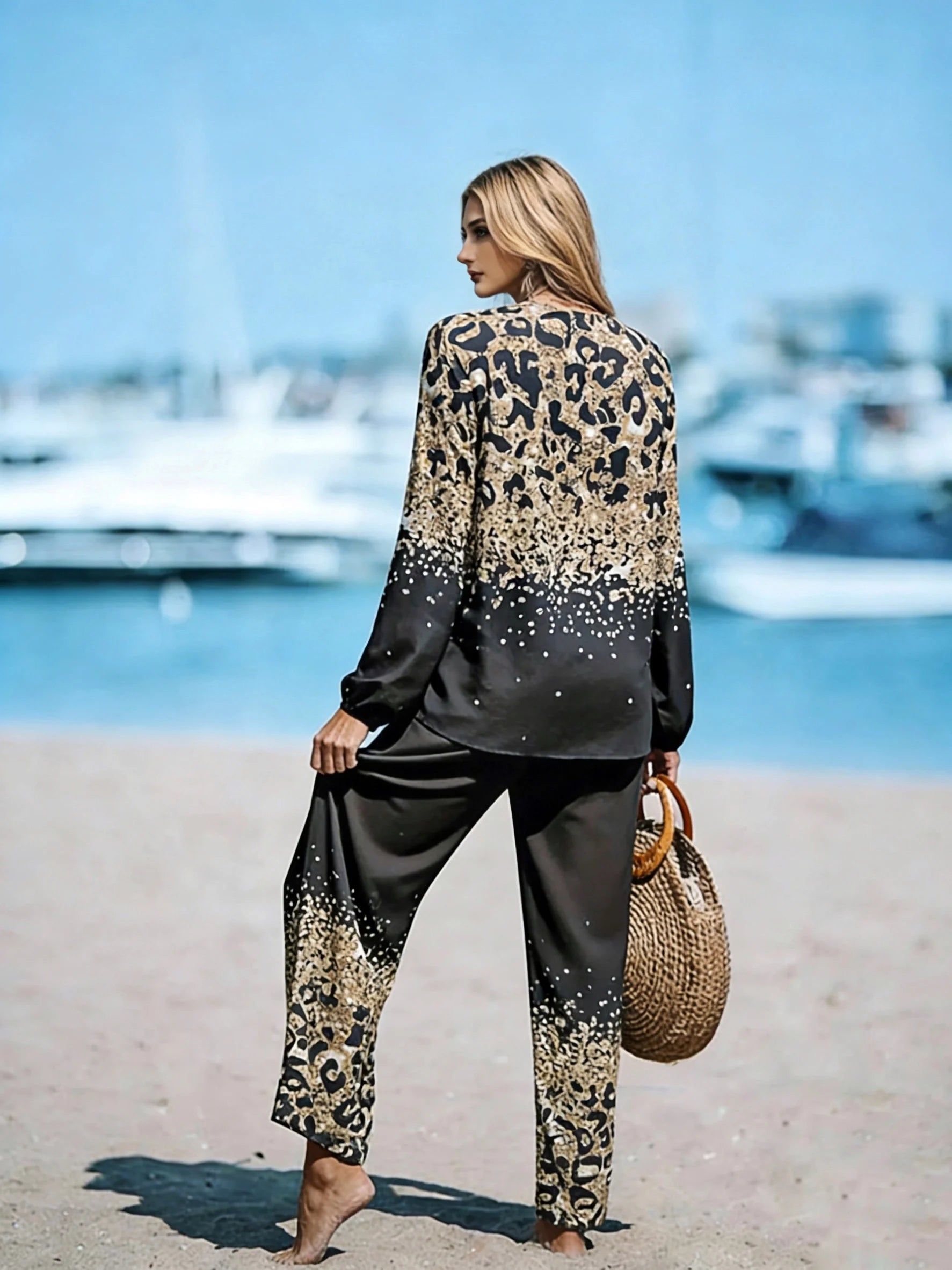 Ensemble 2 Pièces Femme Blouse Col V Manches Longues + Pantalon Large Imprimé Léopard Casual – CLEVI Paris