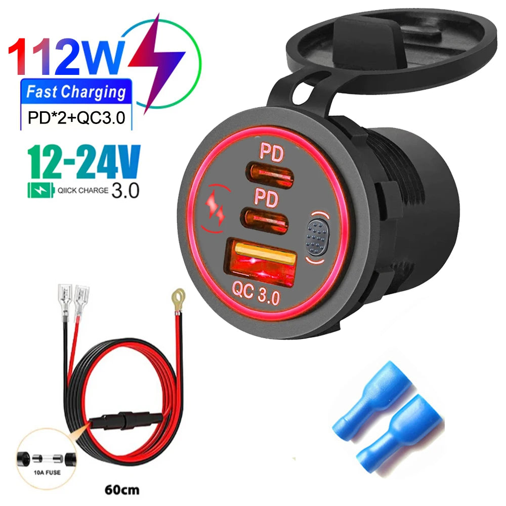 Prise Chargeur USB Voiture 78W PD3.0 QC3.0 Double Port USB-C Étanche LED 12V/24V – CLEVI Paris