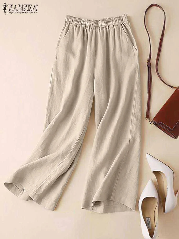Pantalon Large Femme Coton Lin Taille Élastique – CLEVI Paris