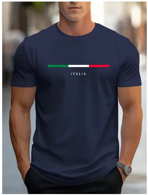 T-Shirt Homme Imprimé Italia 100% Coton – Loose Fit, Col Rond, Manches Courtes
