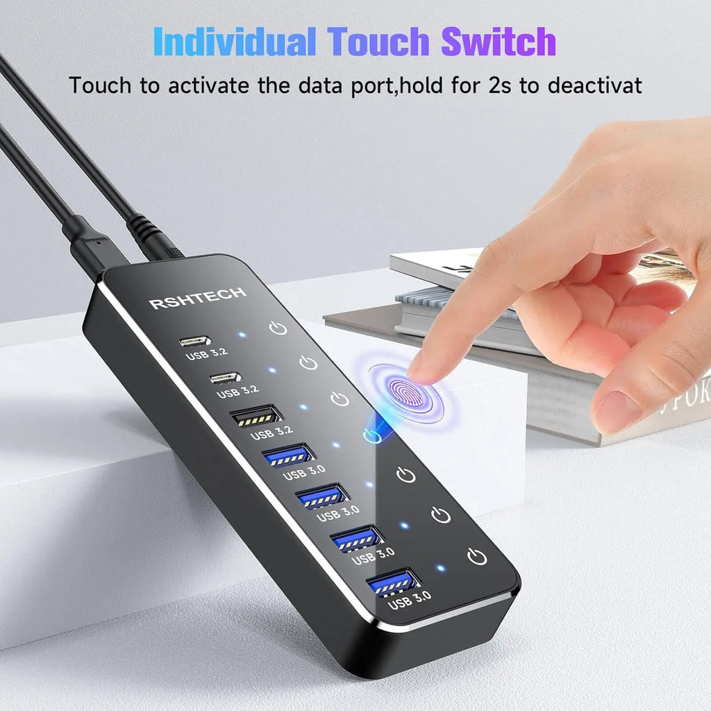 Hub USB-C 7 Ports 10Gbps RSHTECH Alimenté Interrupteurs Tactiles – CLEVI Paris