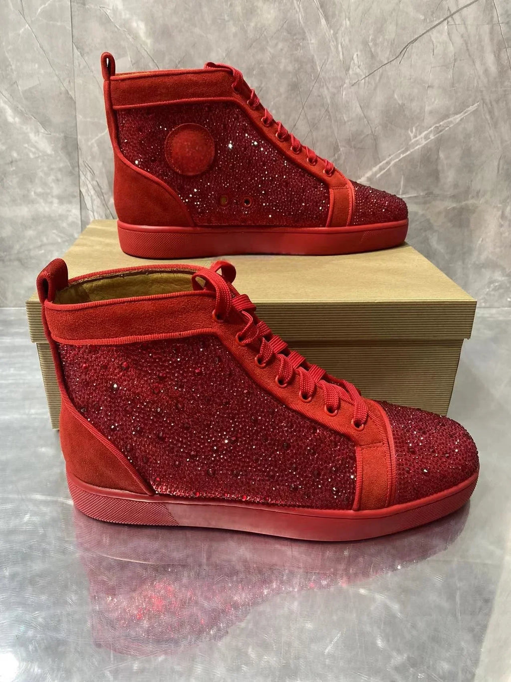 Sneakers Montantes Rouge – Strass, Lacets, Bout Rond | Femme & Homme | Tailles 36–47