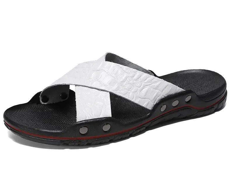 Fashion New Men's Crocodile Embossed Leather Slippers Casual Sandals For Men Summer Open Toe Beach Garden Shoes Flip Flops