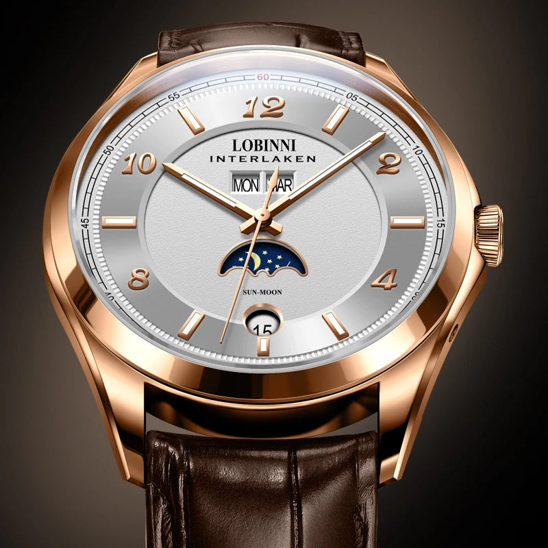 Montre Homme LOBINNI 40mm Automatique Calendrier Verre Saphir Bracelet Cuir – CLEVI Paris