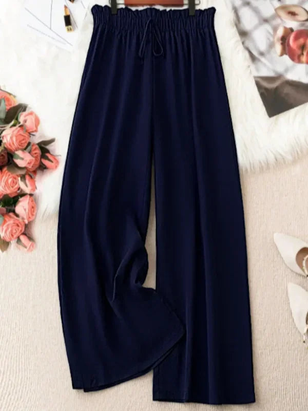 Pantalon Femme Grande Taille Jambe Large Casual Élégant Cordon Taille Mi-Haute – CLEVI Paris