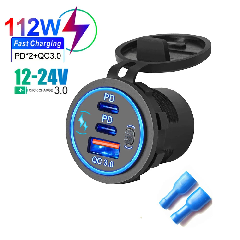 Prise Chargeur USB Voiture 78W PD3.0 QC3.0 Double Port USB-C Étanche LED 12V/24V – CLEVI Paris