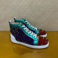 Sneakers Montantes Cuir Véritable Bicolore Vert & Rouge Homme – Rivets, Semelle Rouge, Lacets, Tailles 35-47 – CLEVI Paris