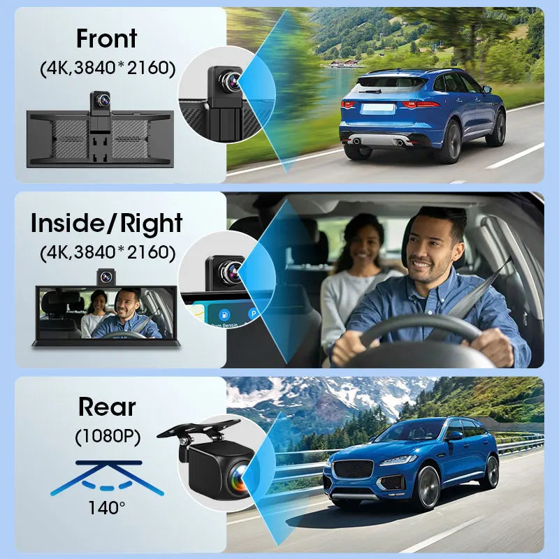 Écran CarPlay Android Auto Portable 10,26" – Dashcam 4K Objectif Rotatif Bluetooth Radio Universel – CLEVI Paris