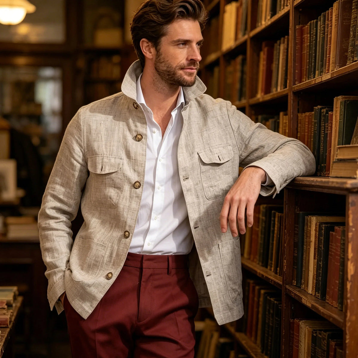Veste Safari Lin Homme Col Montant – CLEVI Paris