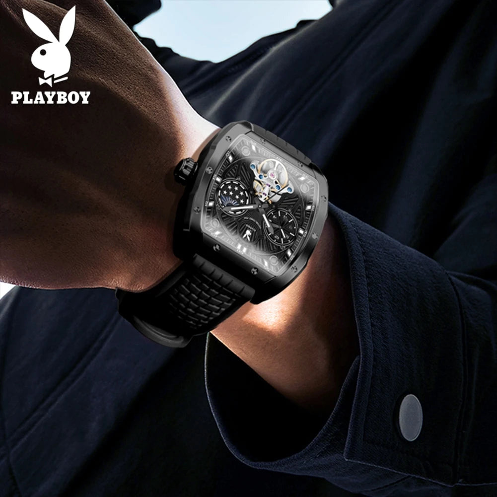 PLAYBOY Montre Automatique Homme Tonneau Flywheel Phase de Lune Lumineux – CLEVI Paris