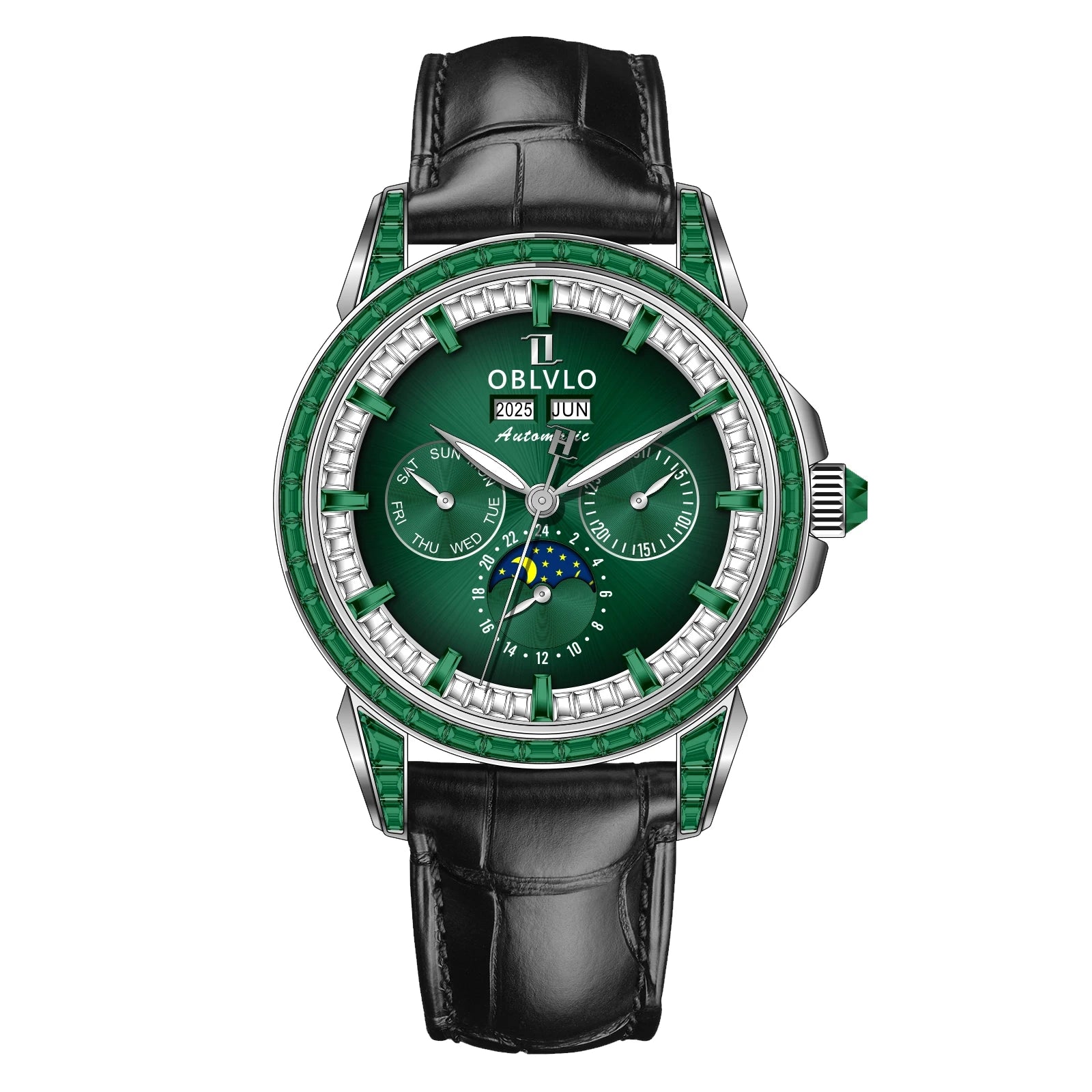Montre Automatique Phase de Lune | Zircon Multicolore Bracelet Cuir – CLEVI Paris