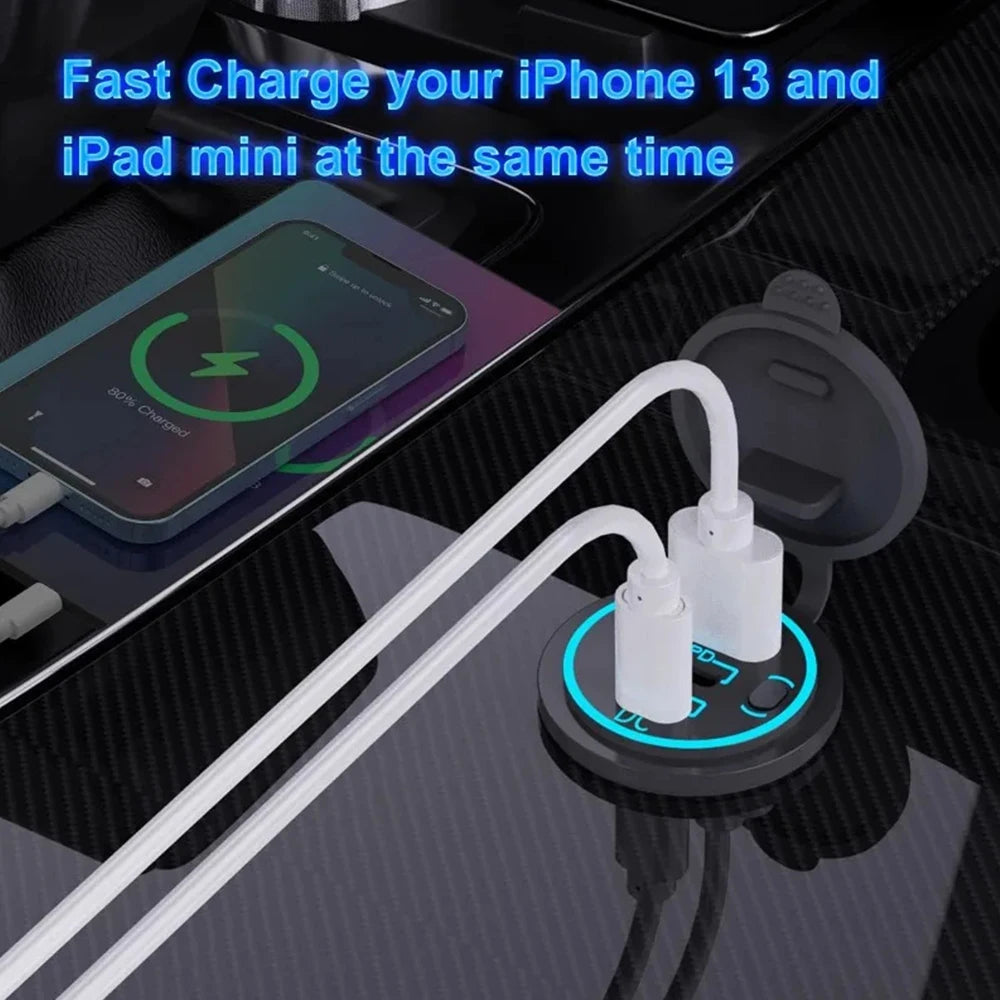 Prise Chargeur USB Voiture 78W PD3.0 QC3.0 Double Port USB-C Étanche LED 12V/24V – CLEVI Paris