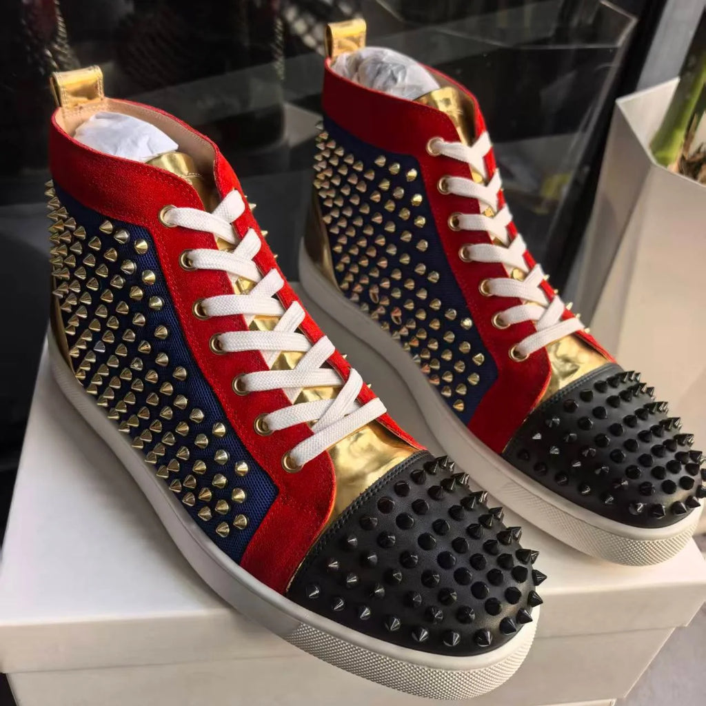 Sneakers Montantes Punk – Clous, Color Block Bleu Rouge & Or, Lacets | Femme & Homme