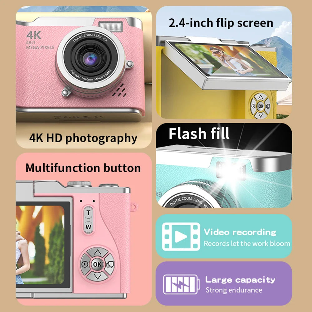 Appareil Photo Numérique CCD 48MP 4K Zoom 8x Écran Selfie 180° | Filtres Beauté Cadeau