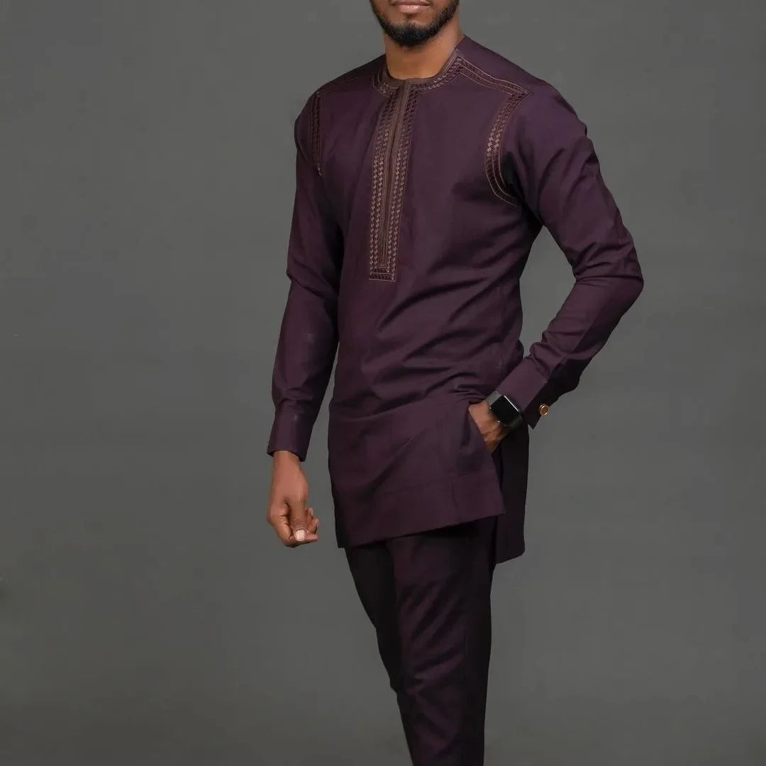 Kaftan Homme 2 Pièces Brodé Floral Col Mao Manches Longues + Pantalon Élastique Style Africain Mariage M-4XL – CLEVI Paris