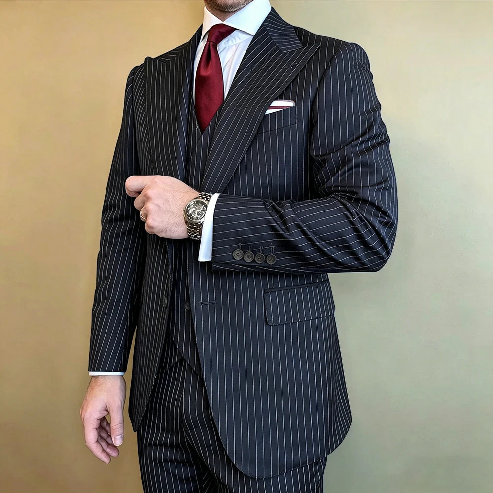 Costume 3 Pièces Homme Rayures – Blazer Slim Revers Pointu + Gilet + Pantalon | Business & Mariage | S-5XL