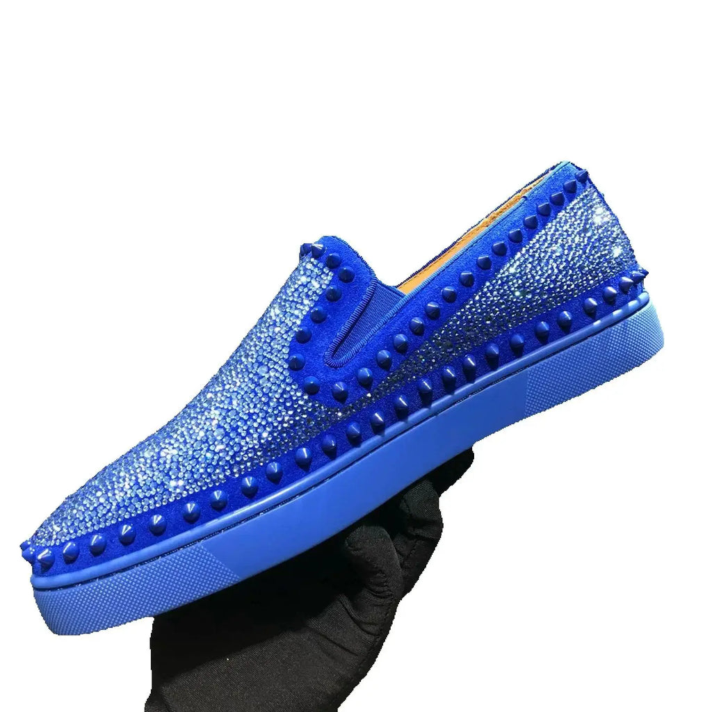 Sneakers Basses Cuir Véritable Bleu Rivets Diamants Semelle Rouge Homme – Tailles 35-48 – CLEVI Paris