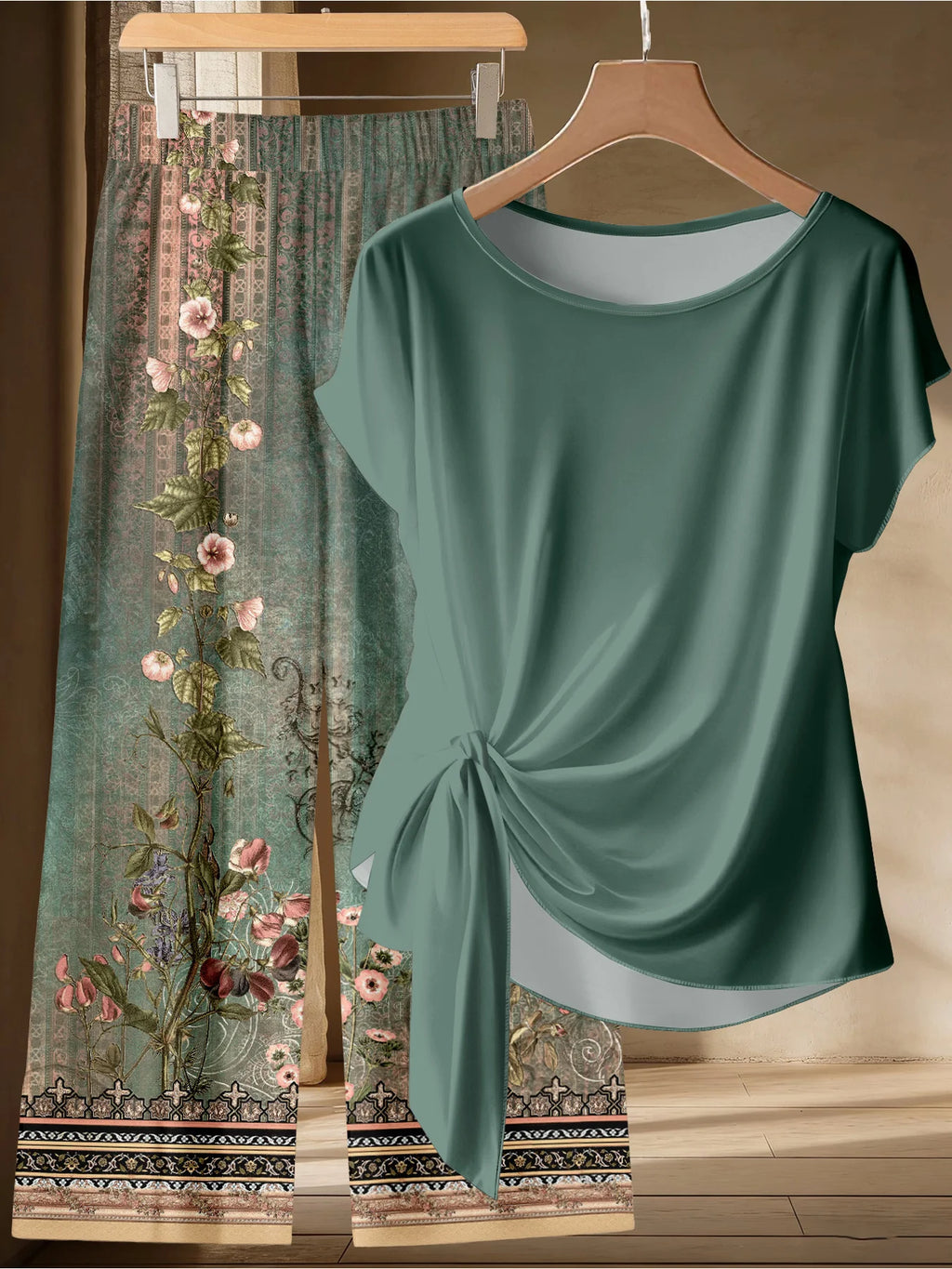 Ensemble 2 Pièces Femme Grande Taille Top Manches Courtes + Pantalon Large Floral Rétro Vert – CLEVI Paris