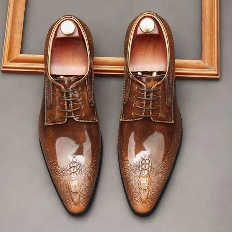 Derby Homme Cuir Verni Motif Crocodile – Bout Pointu, Lacets, Business & Soirée – CLEVI Paris