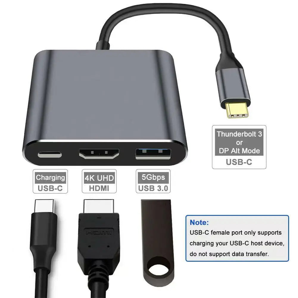 Hub USB-C 3-en-1 PD 100W HDMI 4K 30Hz USB 3.0 Compact Gris – CLEVI Paris