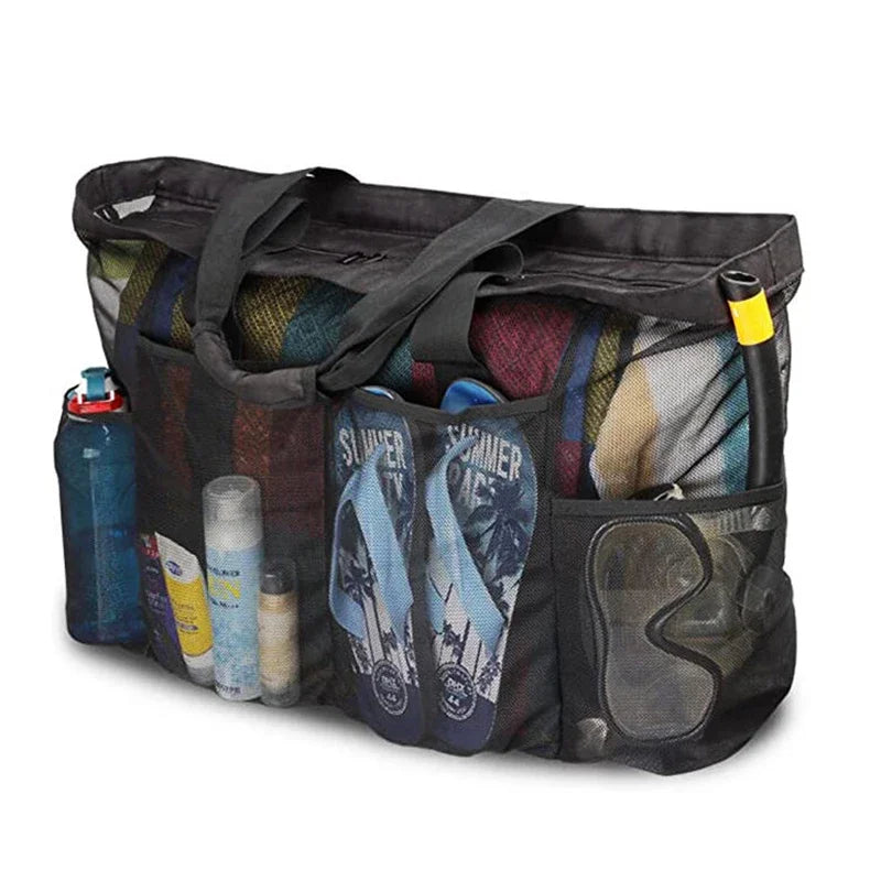 Grand Sac de Plage en Filet Nylon — Multi-Poches, Léger & Pliable, Bleu Noir Jaune | CLEVI Paris