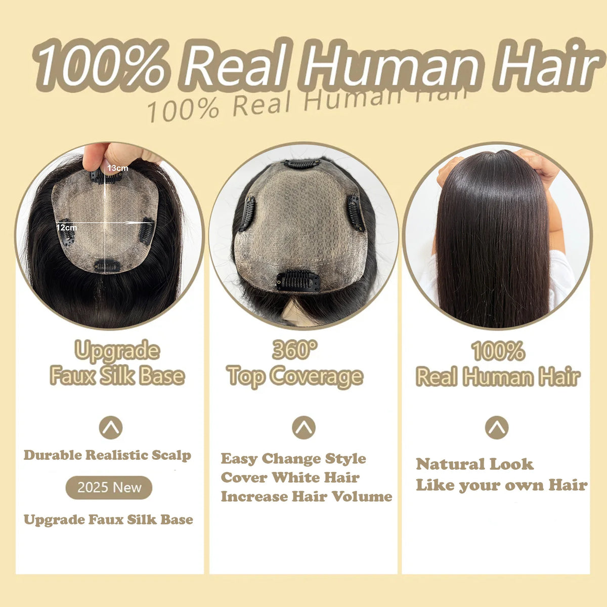 Topper Capillaire Femme Cheveux Humains Remy Base Soie 12x13cm 150% – CLEVI Paris