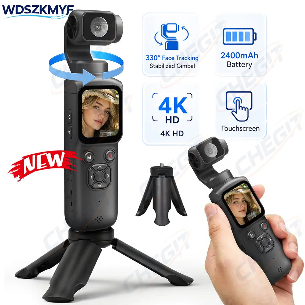 Caméra Vlog 4K Pocket – Rotation 330°, Suivi Facial, Gimbal & Écran Tactile 1,72" – CLEVI Paris