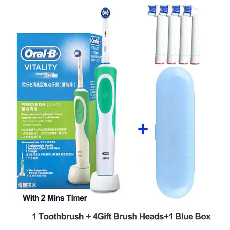 Brosse à Dents Électrique Oral-B D12 – Vibration Rotatoire 2D, IPX7, Minuterie 2 min – 4 Têtes Offertes