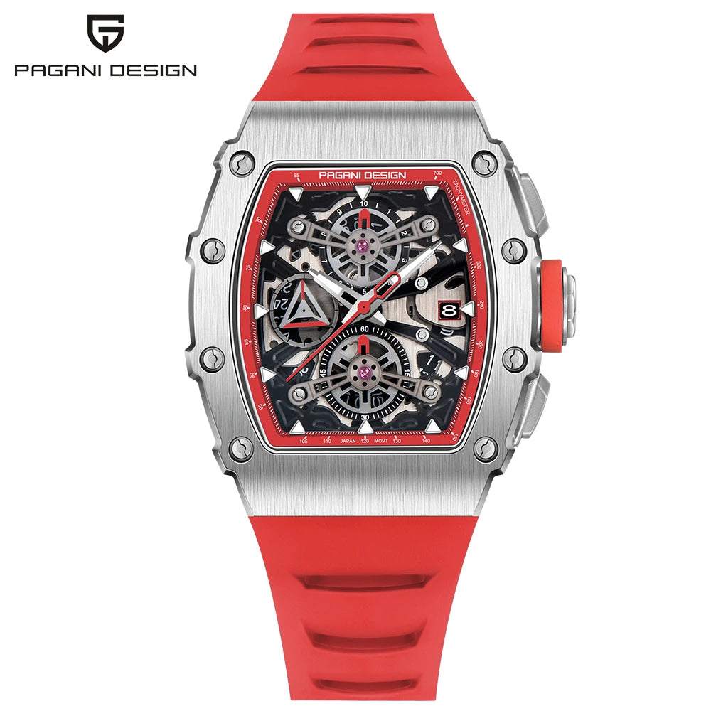 Montre PAGANI DESIGN PD-YS011 – Quartz Chronographe Racing, Verre Saphir, Acier Inoxydable Tonneau, Bracelet Silicone, Étanche 5 ATM – CLEVI Paris
