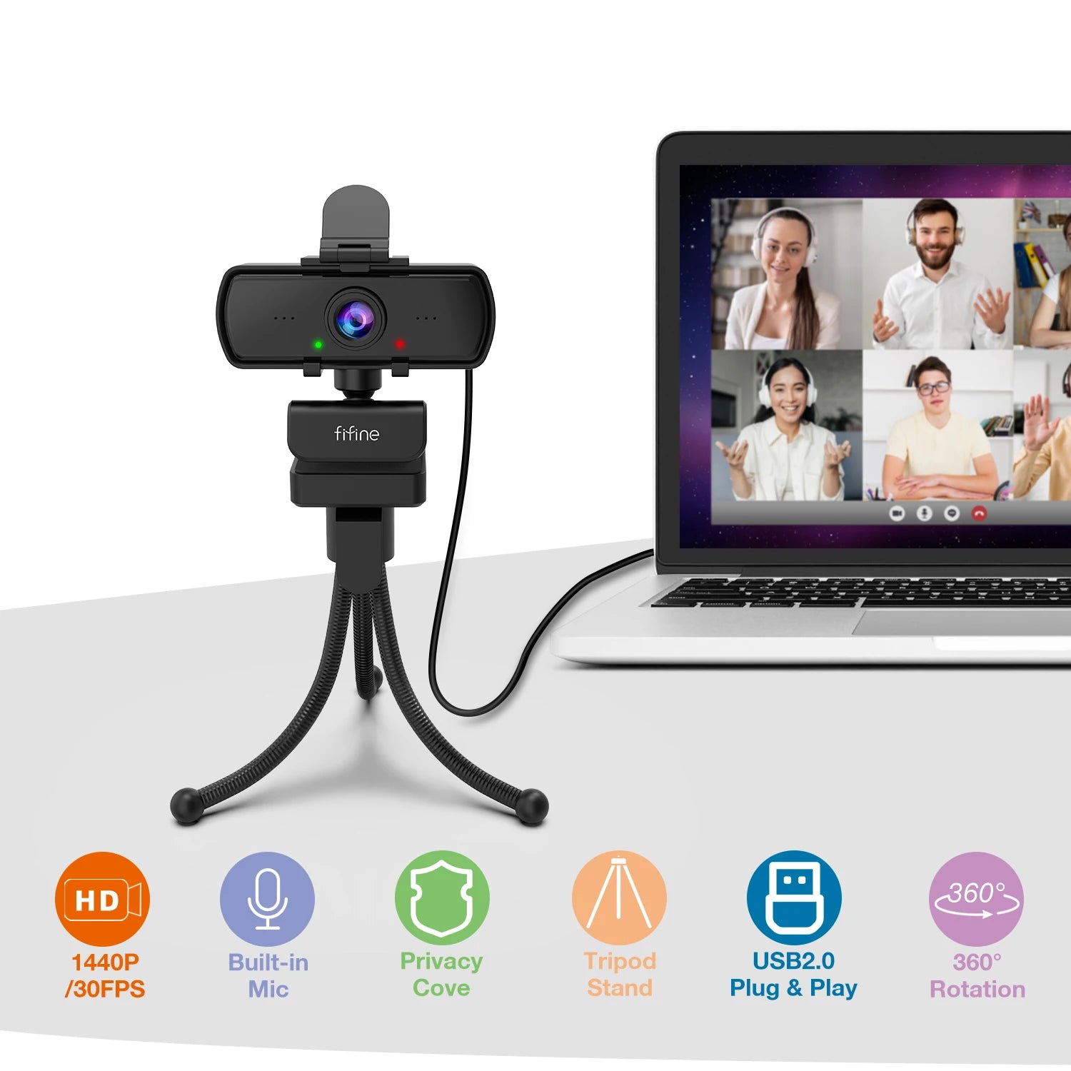 Webcam FIFINE K420 1440P Full HD – Grand Angle 108°, Micro Intégré & Trépied Inclus – CLEVI Paris