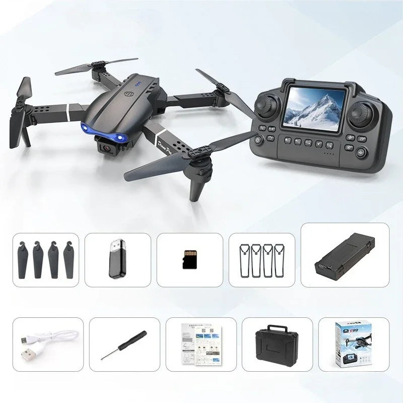 Drone E99 PRO 8K Double Caméra – Écran Télécommande, GPS, Brushless, Garde-Hélices & 12 Min de Vol – CLEVI Paris