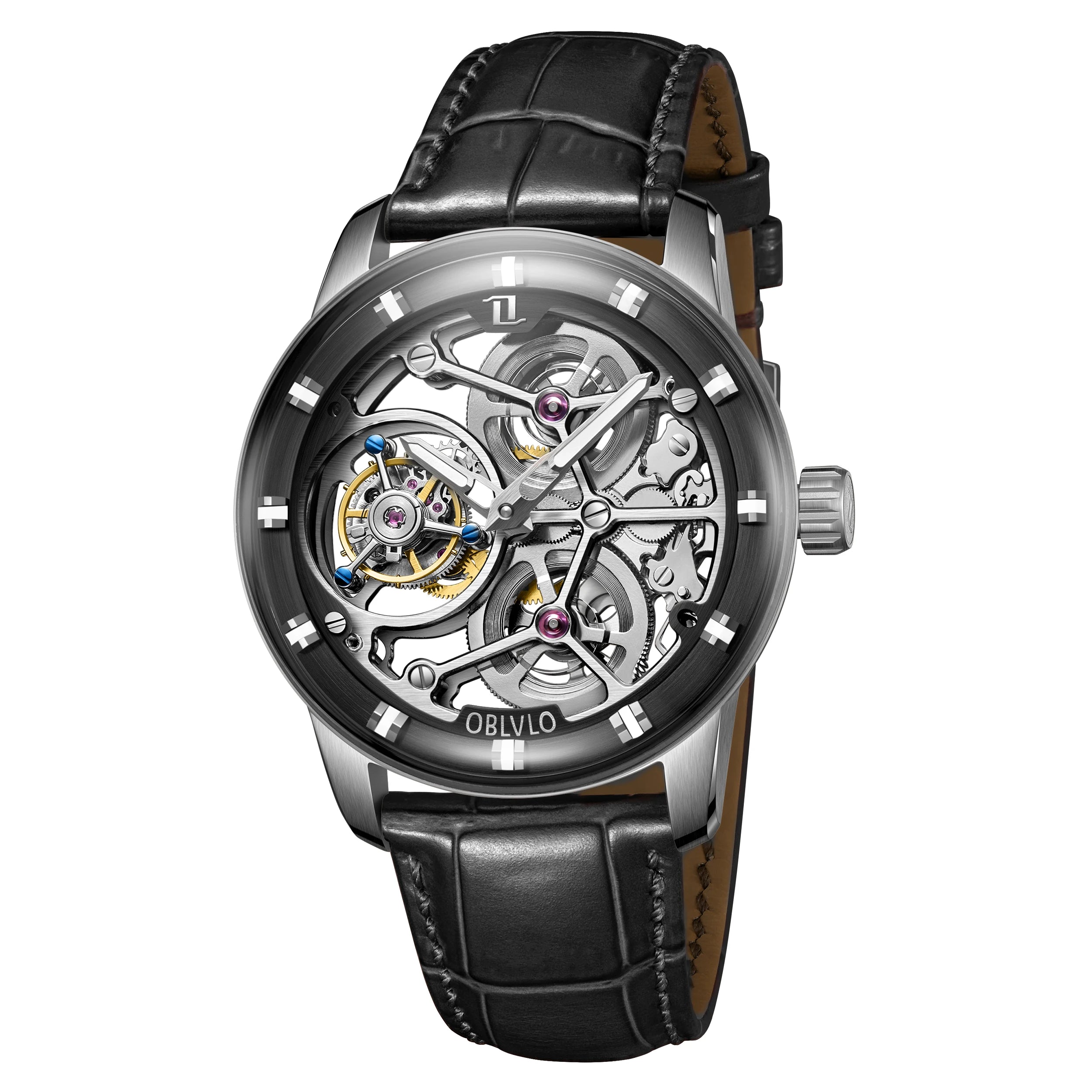 Montre Homme Manuel Tourbillon Squelette Grand Cadran Cuir Lumineux Oblvlo OBL-VM-D-TB – CLEVI Paris