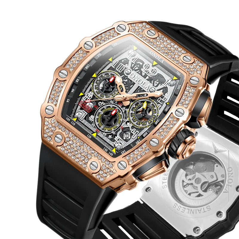ONOLA ON6826D – Montre Automatique Homme | Diamants, Phase de Lune, Squelette, Étanche 3 Bar