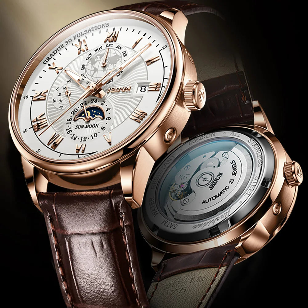 Montre JSDUN 8909 – Automatique, Phase de Lune, Calendrier, Chiffres Romains, Bracelet Cuir, Étanche 5 ATM – CLEVI Paris