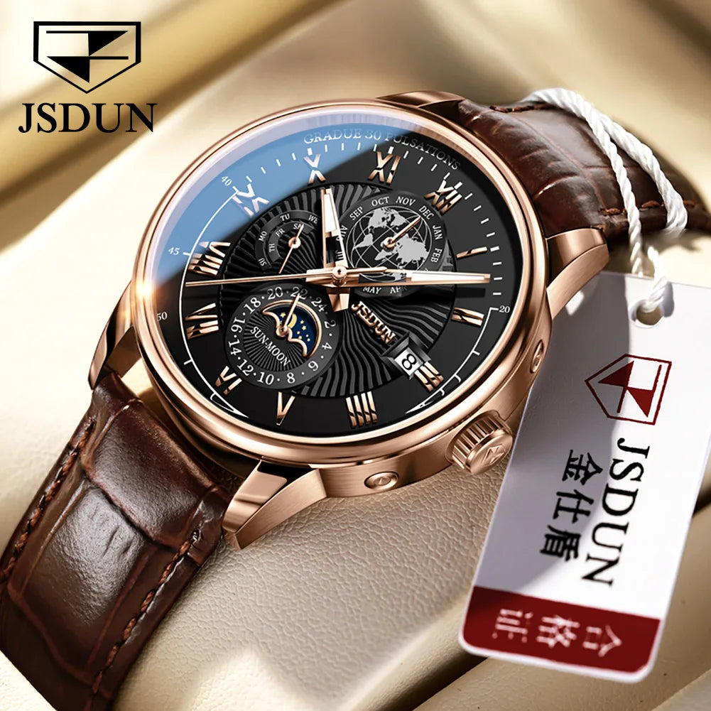 Montre JSDUN 8909 – Automatique, Phase de Lune, Calendrier, Chiffres Romains, Bracelet Cuir, Étanche 5 ATM – CLEVI Paris