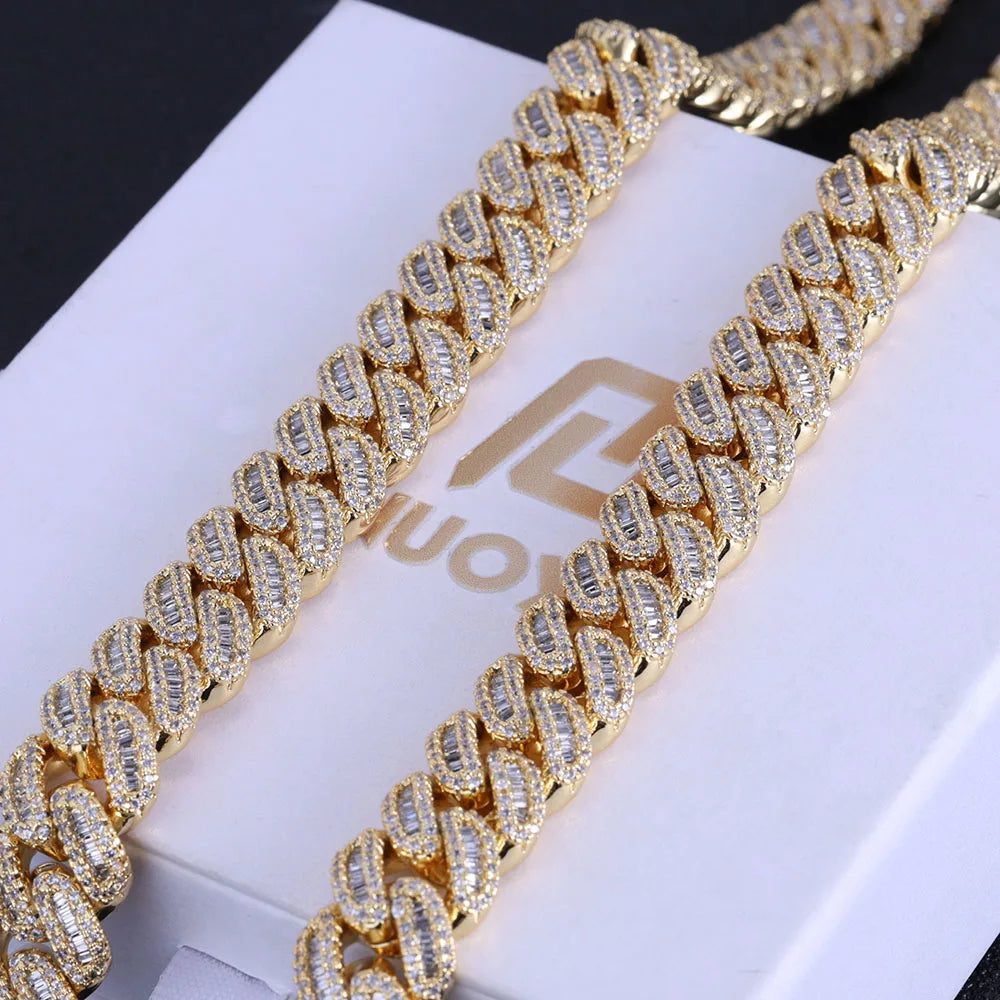Chaîne Cubaine ESKEEM Hip Hop Iced Out Zircon 5A Baguette 12-15mm Or Argent Collier Bracelet – CLEVI Paris