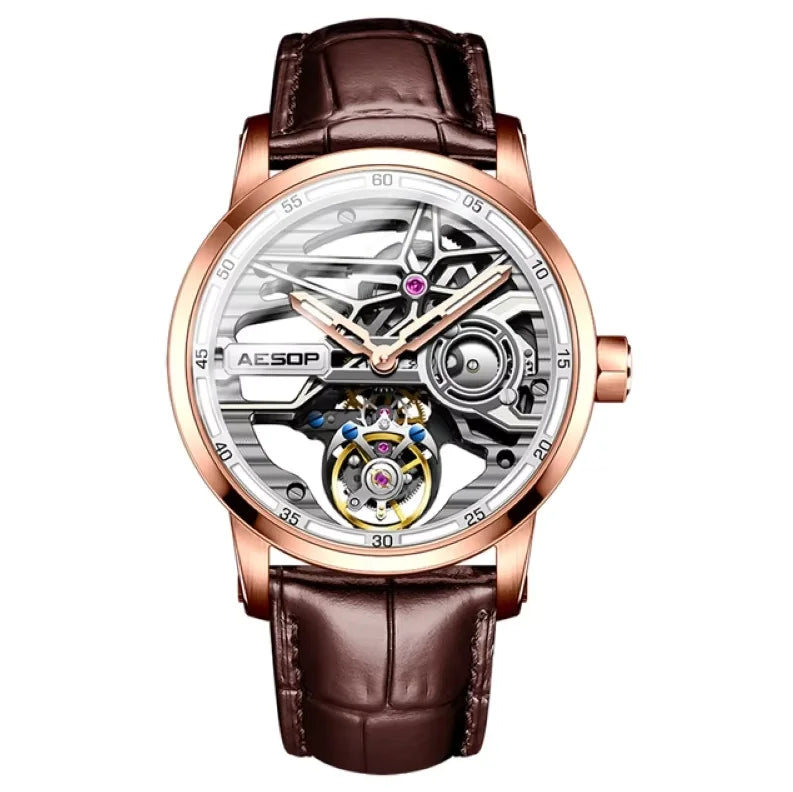 AESOP 7053 Montre Homme Tourbillon Squelette Saphir Diamant Étanche 5ATM – CLEVI Paris