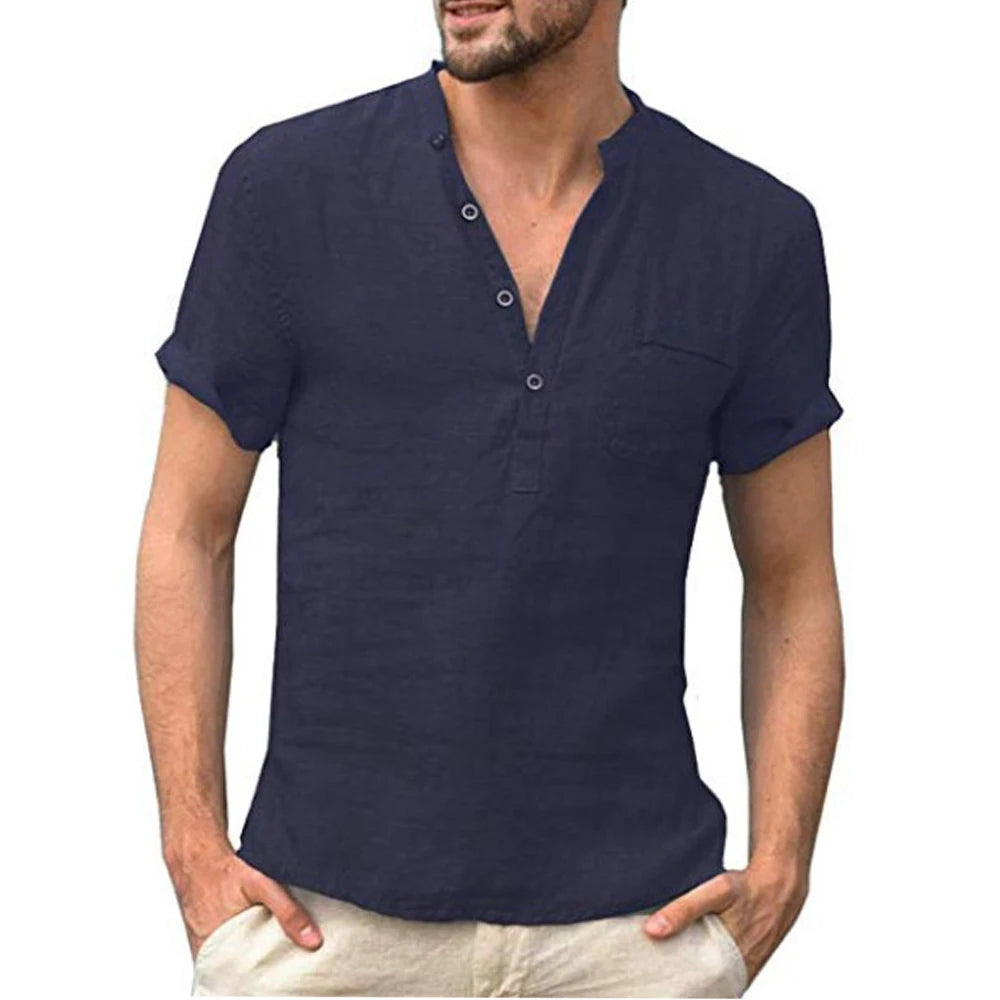 T-Shirt Homme Coton & Lin – Manches Courtes, Col Rond, Léger & Respirant