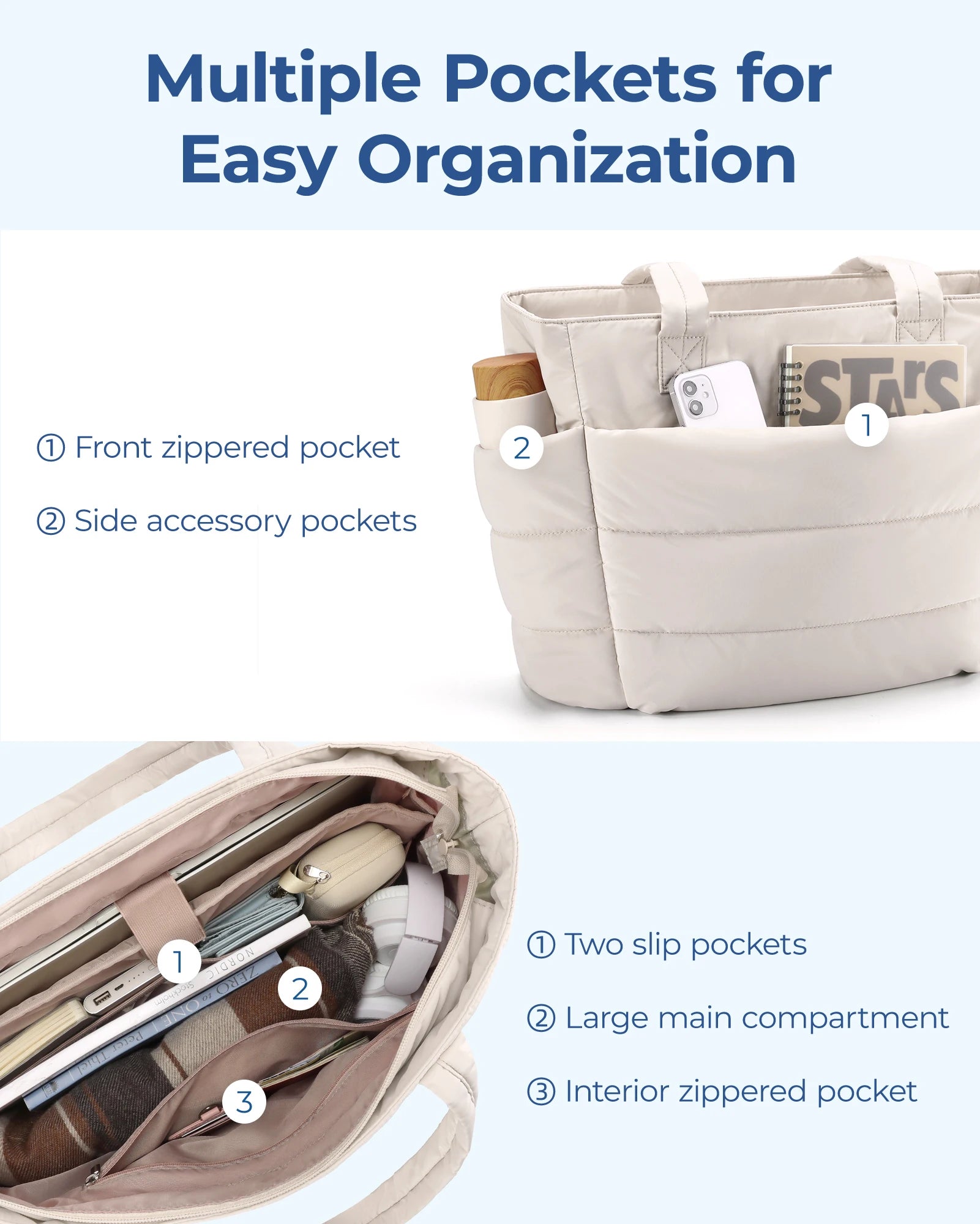 Sac Cabas Femme Puffer Taslan Léger Grande Capacité 20L – CLEVI Paris