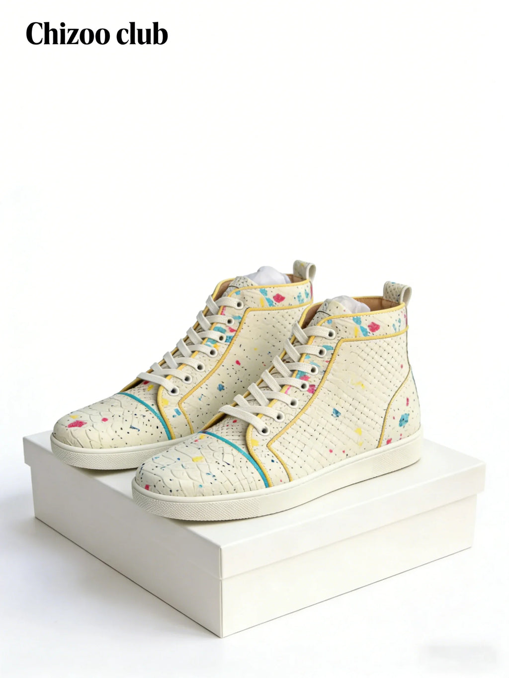 Sneakers Montantes Cuir Blanc Imprimé Serpent Pois Colorés Homme – Lacets, Tailles 39-47 – CLEVI Paris