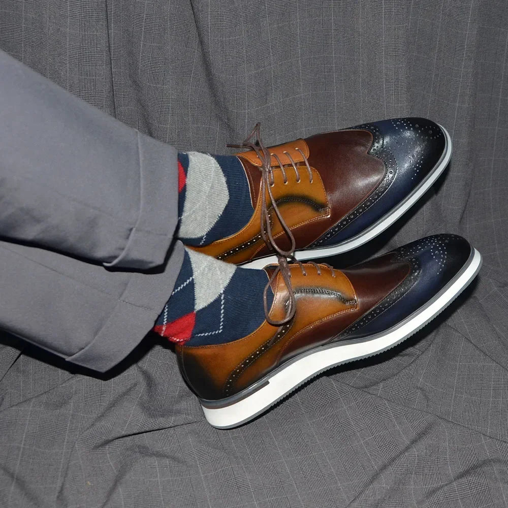 Derby Brogue Homme Wingtip – Cuir de Vache Véritable, Lacets, Bicolore, Automne-Hiver – CLEVI Paris