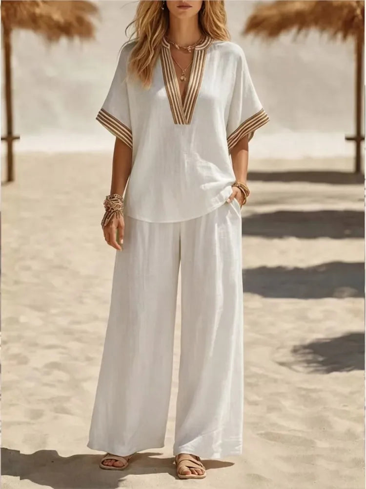 Ensemble femme col V et pantalon ample – CLEVI Paris