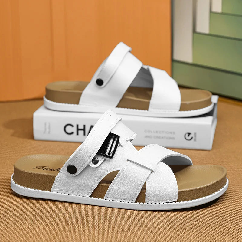 Sandales Homme Été – Cuir Synthétique, Boucle, Antidérapantes, Style Classique | Marron, Noir ou Blanc